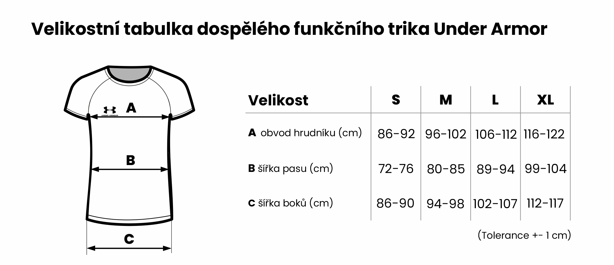 Velikostní tabulky dospělého funkčního trika UA